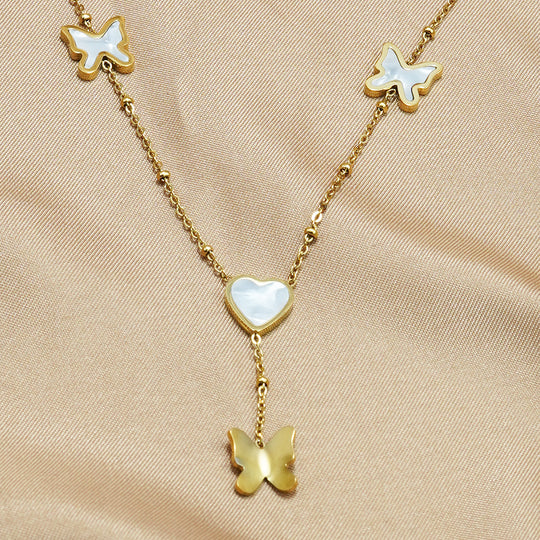 Lxalry 18K Gold Plated Stainless Steel Butterfly Jewelry Set  Hypoallergenic Tarnish Free Mirror Necklace   Earrings Symmetrical Wing Design With Heart Clasp, Skin Safe Luxury Gift For Her  Golden Ho