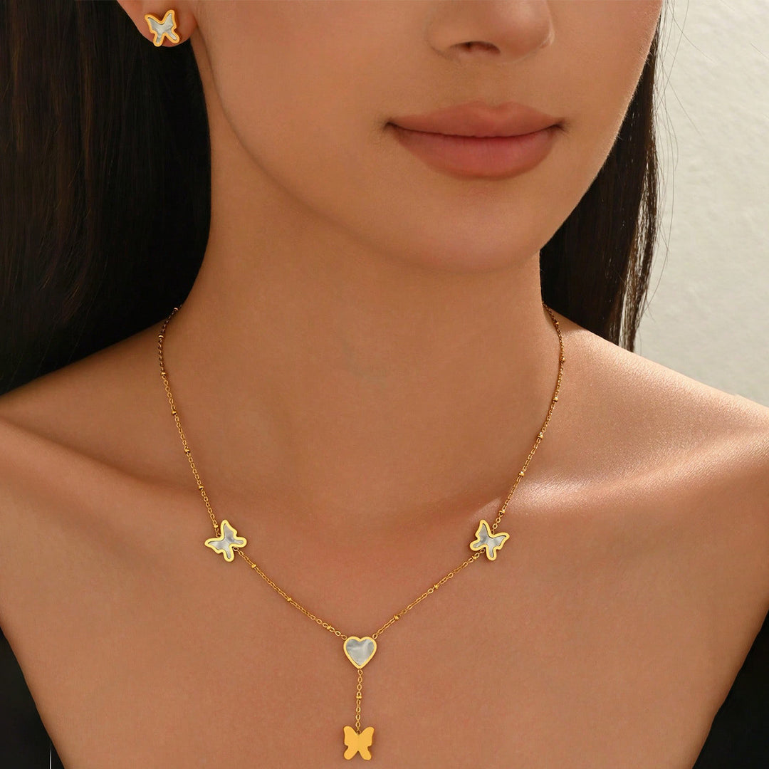 Lxalry 18K Gold Plated Stainless Steel Butterfly Jewelry Set  Hypoallergenic Tarnish Free Mirror Necklace   Earrings Symmetrical Wing Design With Heart Clasp, Skin Safe Luxury Gift For Her  Golden Ho