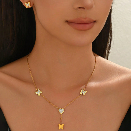 Lxalry 18K Gold Plated Stainless Steel Butterfly Jewelry Set  Hypoallergenic Tarnish Free Mirror Necklace   Earrings Symmetrical Wing Design With Heart Clasp, Skin Safe Luxury Gift For Her  Golden Ho