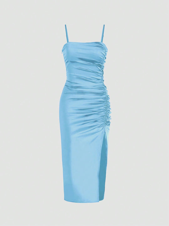 Solid Color Ruched Bodycon Slit Cami Dress Party Dress Wedding Guest Dress