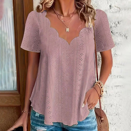 Womens Summer Scallop Trim V Neck Eyelet T-Shirt Short Sleeve Top Dressy Casual Tunic Blouses
