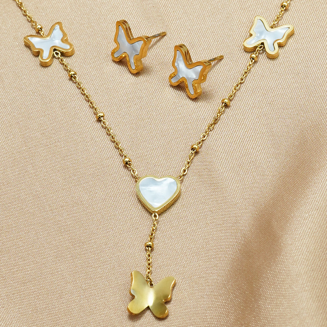 Lxalry 18K Gold Plated Stainless Steel Butterfly Jewelry Set  Hypoallergenic Tarnish Free Mirror Necklace   Earrings Symmetrical Wing Design With Heart Clasp, Skin Safe Luxury Gift For Her  Golden Ho