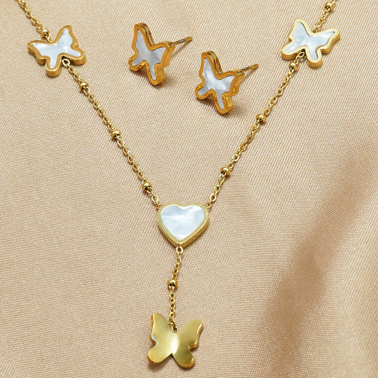 Lxalry 18K Gold Plated Stainless Steel Butterfly Jewelry Set  Hypoallergenic Tarnish Free Mirror Necklace   Earrings Symmetrical Wing Design With Heart Clasp, Skin Safe Luxury Gift For Her  Golden Ho