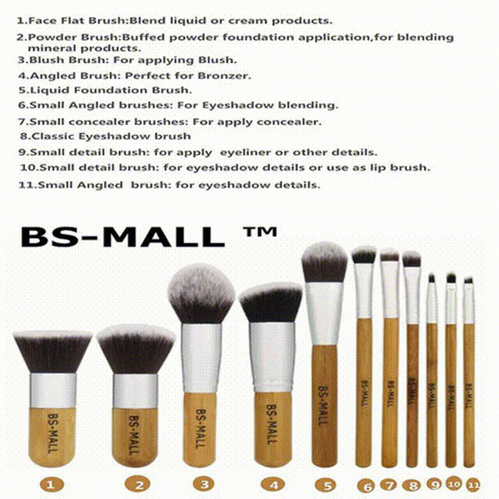11Pcs Bamboo Makeup Brush Set, Synthetic Kabuki Makeup Brush Set With Storage Bag And Makeup Sponge, USPS Shipping