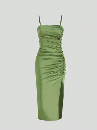 Solid Color Ruched Bodycon Slit Cami Dress Party Dress Wedding Guest Dress
