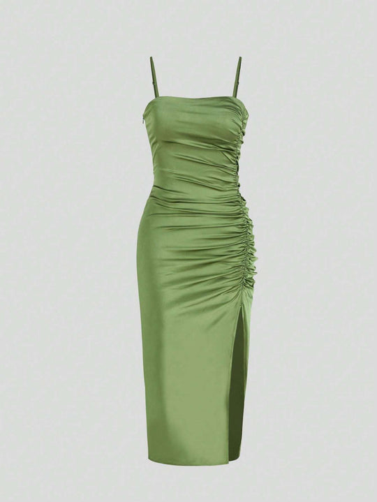 Solid Color Ruched Bodycon Slit Cami Dress Party Dress Wedding Guest Dress