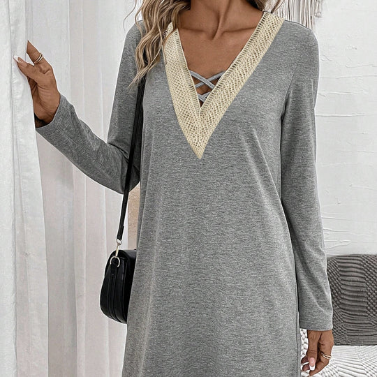 Ladies' Spring And AutumnSummer Long Sleeved Lace Splicing Hollow V-neck Elegant Casual Style Dress